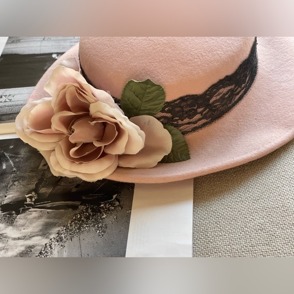 Elegant 100% Wool Wide Brim / Rose / Lace Hat In Dusty Rose-Royal/Derby/Church - Picture 9 of 14